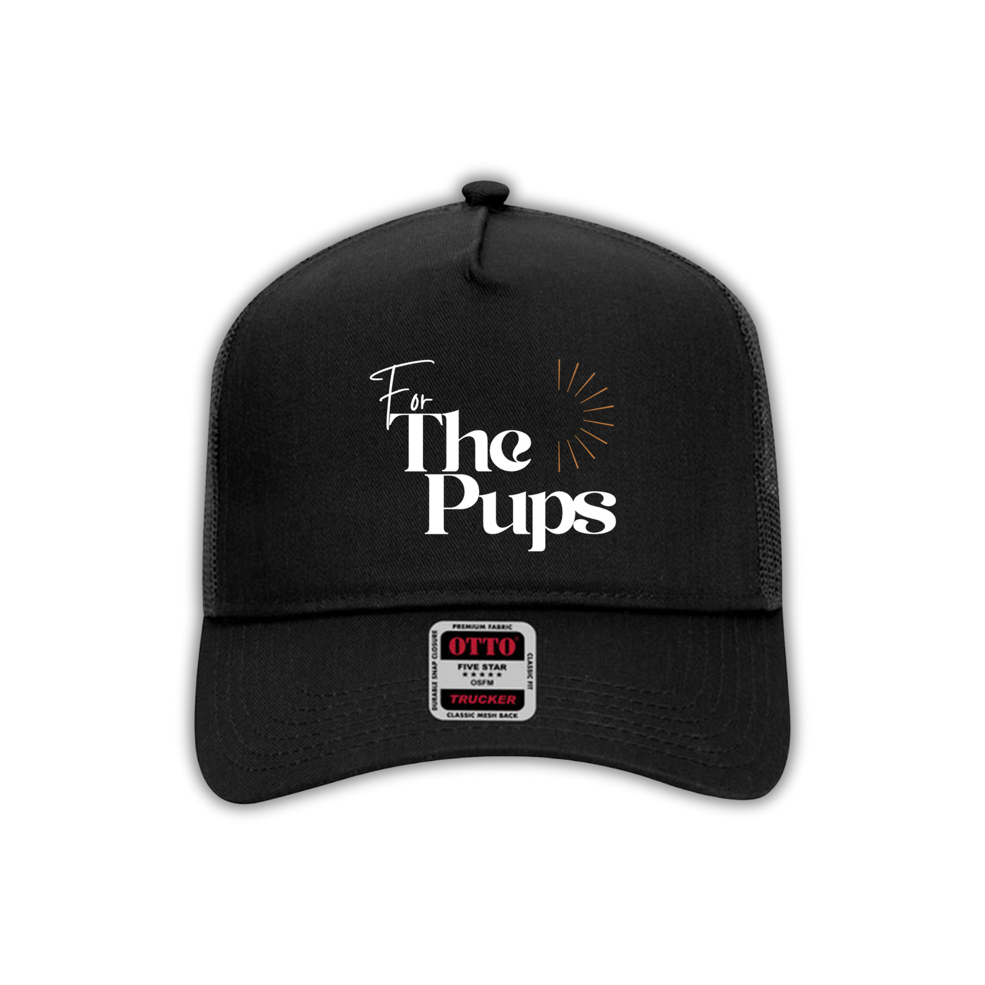Black For The Pups embroidered trucker hat with mesh back for dog lovers.